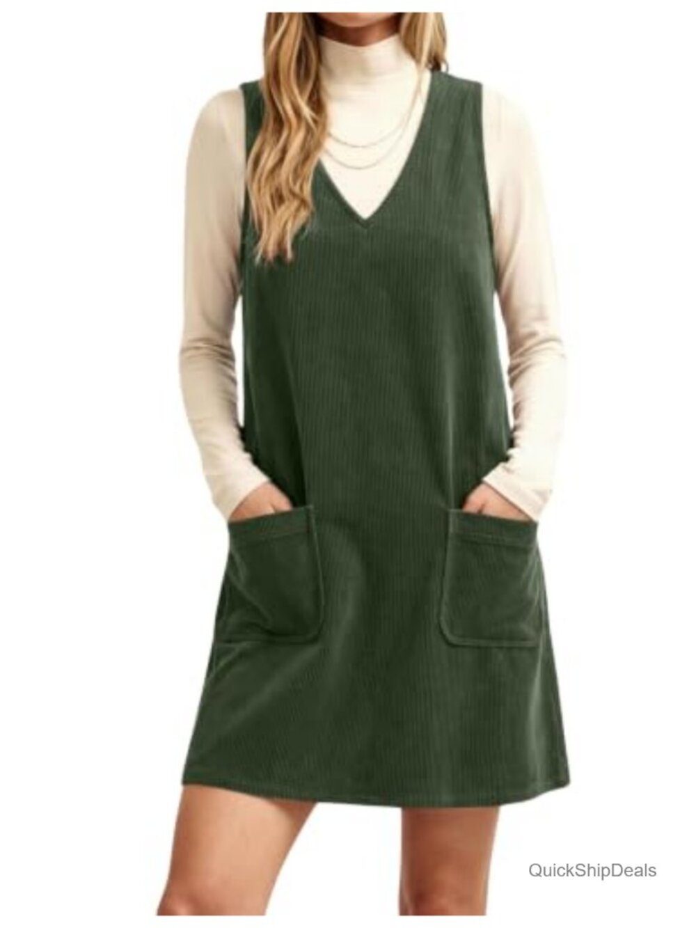 Women's Corduroy Mini Dress A-Line Pinafore with Pockets Sleeveless Casual